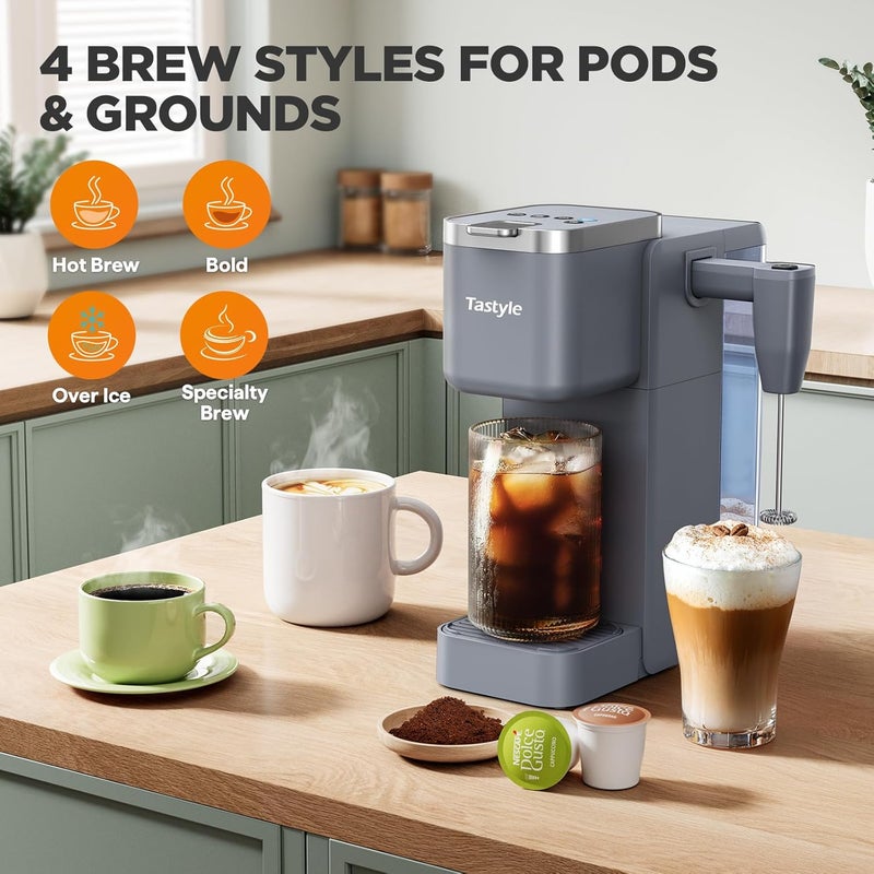 Tastyle Single Serve Coffee Maker with Built-in Detachable Milk Frother, Iced and Hot Coffee Machine for K Cup & Grounds, 40oz Removable Water Reservoir, 6 Cup Sizes, Fits 7.3" Travel Mug, Gray - Image 3